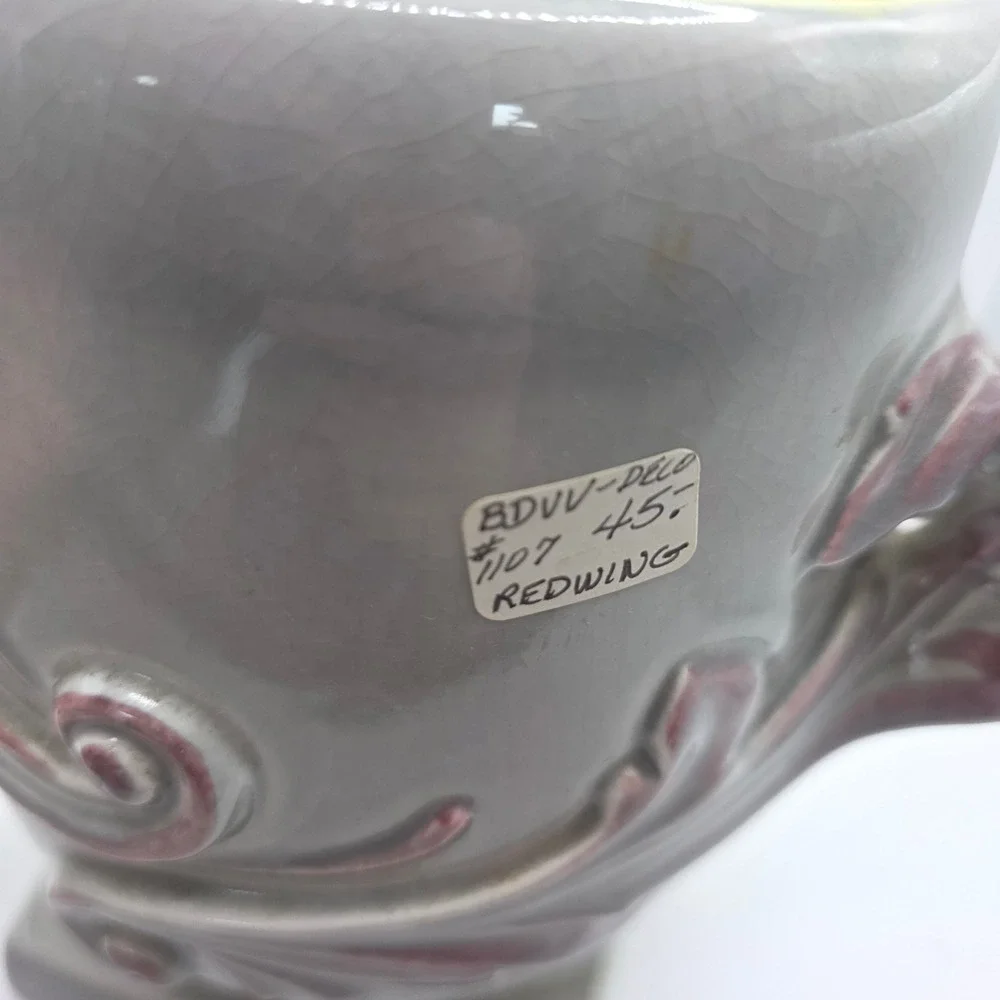 Vintage Red Wing Pottery #1107 Pedestal Vase Gray Yellow Purple Acanthus USA